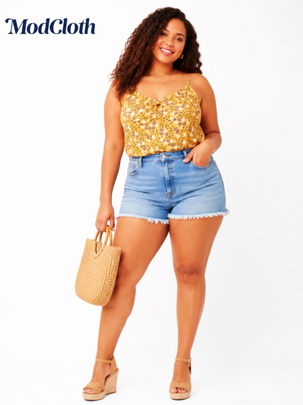 MODCLOTH Yellow Floral Print Tie Front Tank Top